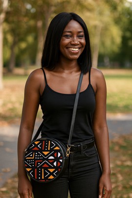 African Bag Round Sling Geometric Mud Cloth
