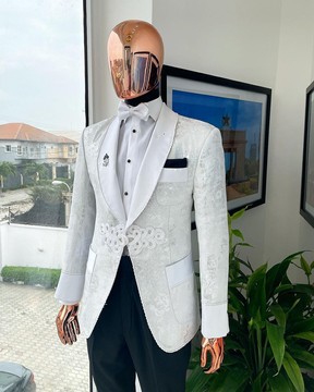 A “Napoleon” ivory white &amp; silver scattered pattern metallic jacquard Suit