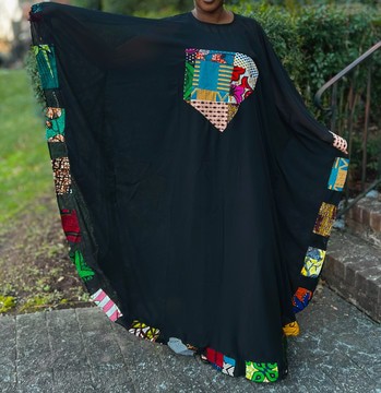Elegant Black Chiffon Sheer Kaftan With Vibrant Colorful Multicolor Patchwork Details