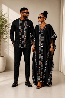 Tenues assorties pour couple en imprimé africain – Ensemble avec robe kaftan noire et chemise pour homme à imprimé tribal orange
