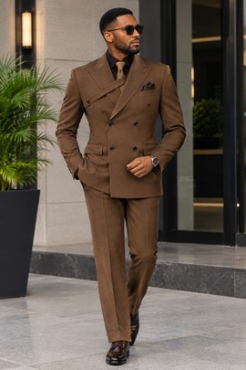 Costume marron croisé pour homme – Costume deux pièces coupe slim