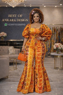 Luxury Smocked Ankara Jumpsuit – Puff Sleeve Flared Pants Outfit for Women