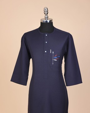 An navy blue, front flap with crystal blue Swarovski button Kaftan
