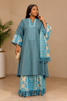 Women’s Teal African Two-Piece Traditional Outfit with Embroidered Tunic