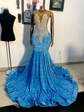 Blue specialty floor length prom dress