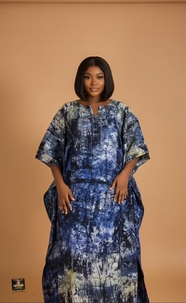 The Midnight Indigo Marble Kaftan – Deep Blue Adire with V Neckline