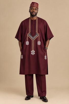 Men’s Burgundy African Embroidered Kaftan Set with Matching Trousers