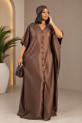 Robe Bubu de luxe en satin marron pour femme, avec boutons sur le devant et foulard assorti