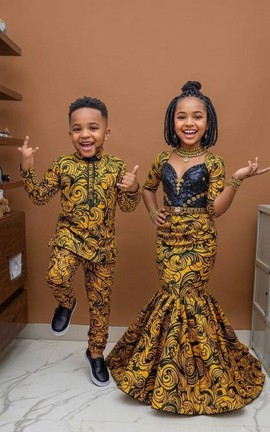 Traditional Ankara Matching Outfits for Twin Boys &amp; Girls (Yellow Swirl Pattern)