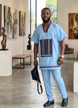 Sky Blue Senator Two-Piece Kaftan Set with Hand-Woven Aso-Oke Detail -Wedding/ceremony