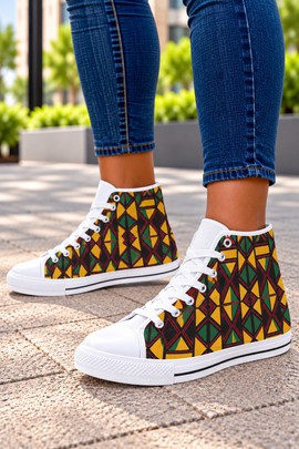 Afrocentric  Pan-African Kuba print Women's Classic High Top Canvas Shoes | African Sneakers