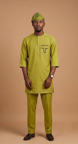 Olive Green Geometric Pocket Senator Wear – Men's 3-Piece Mid-Sleeve Tunic, Trousers &amp; Aso-Oke Cap