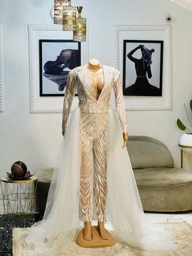 Combinaison de mariage blanche avec train, combinaisons de mariée, tailleur-pantalon de mariage, barboteuse de mariage
