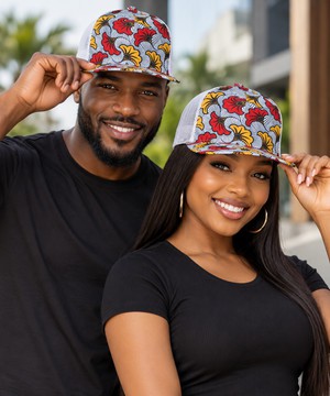 African Ankara Wedding Flower Print Black Flat-Brim Mesh Cap | Ankara Headwear | Bynelo