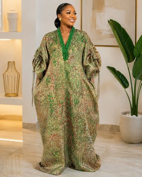 Green African Kaftan Boubou Dress, Nigeria Aso-oke gown, Brocade Damask dress