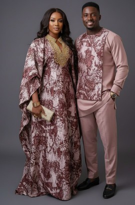 Elegant Couple's Traditional Outfit Set in Earthy Tones