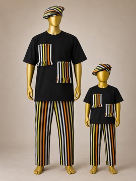 Father &amp; Son Matching Black Tee &amp; Aso-Oke Striped Trousers with Fringe Detail