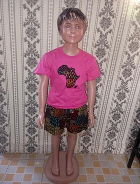 Pink African Kids Two-Piece Outfit – Cotton T-Shirt with Africa Appliqué &amp; Ankara Shorts