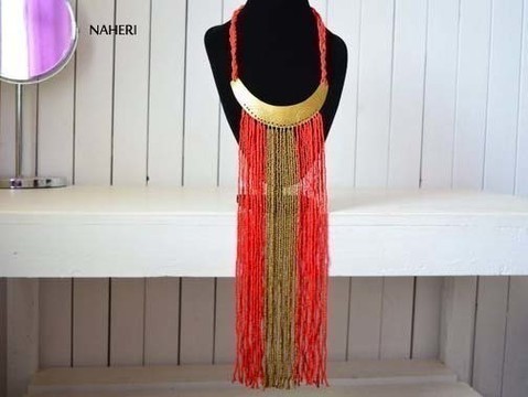 African tribal red necklace | Romantic beaded fringe neck piece | Gift for her
