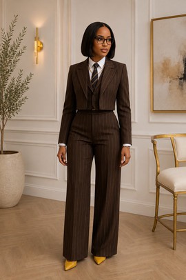 Women's Brown Pinstripe Three-Piece Suiting Fabric Suit–Cropped Blazer,Waistcoat &amp; WideLeg Trouser