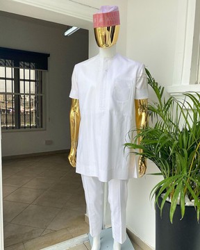A white voil short sleeve men’s tailored senator kaftan