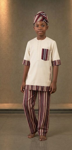 Boys Traditional African Outfit – Cream Top with Striped Trim, Matching Pants &amp; Cap | Aso-Oke  Set