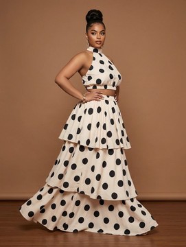 Two piece polka dot halter crop top and tiered maxi skirt set