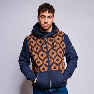 Navy blue cotton hoodie with a touch of brown wax
