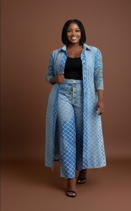 Ensemble mosaïque céruléen : veste longue premium et pantalon à jambes larges