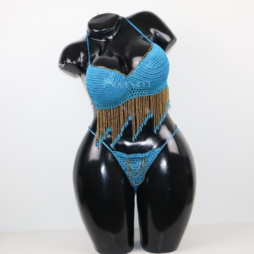 Nuisette tricoté perlée fait main artisanale haut et string ajustable, lingerie élégante et raffiné