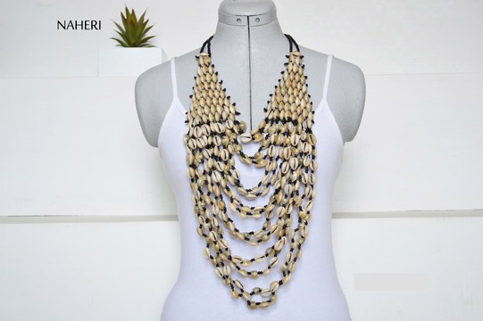 African long necklace cowrie shells and beads