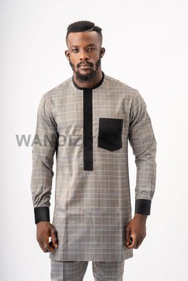 Glen Check Gray African Suit with Velvet Accents, African Men Clothing, African Wedding Men