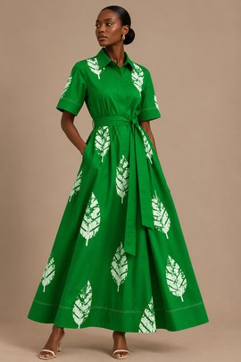 Green Leaf Print Maxi Shirt Dress