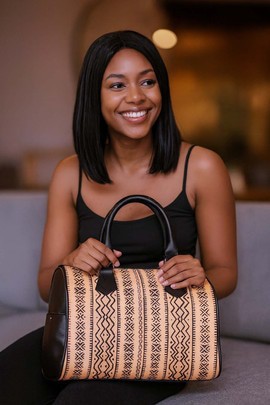 African Leather Handbag Boston Traditional Mali Print