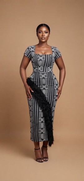 Chic Square-Neck Feather-Accented Midi Dress