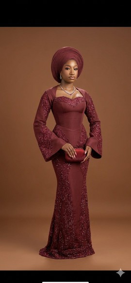Deep Burgundy and Shimmering Sequin Aso Oke Gown