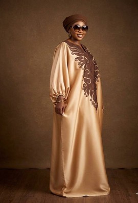 Elegant Gold Kaftan Dress – Luxury African Boubou with Embroidery and Headwrap