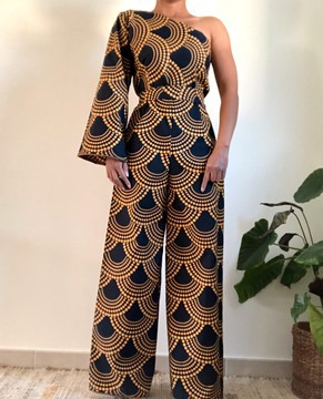 Wax polyester cotton 1-sleeve jumpsuit