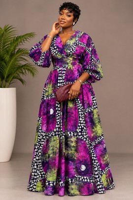 Women’s African Print Maxi Dress – Purple and Green V-Neck Gown with Puff Sleeves