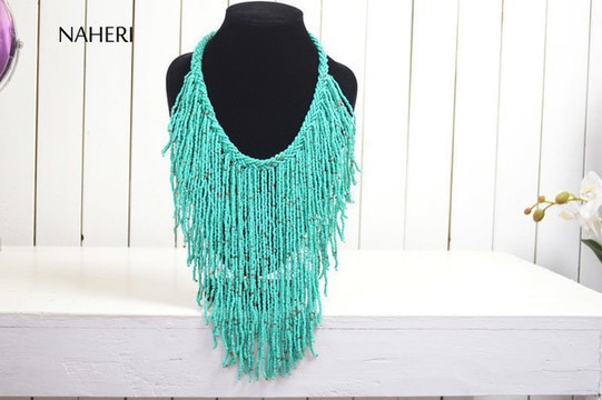 African beaded necklace | turquoise Tribal fringe neckpiece | Gift for her