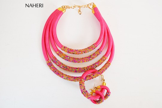 African inspired beaded layered necklace set | Handmade pink tribal neck piece