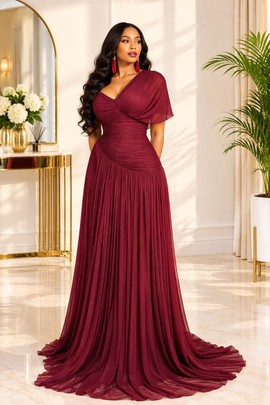 Elegant Burgundy Formal Gown | Ruched Long Sleeve/Flutter Sleeve Evening Dress | Wedding Guest Dress