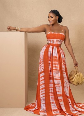 Rust Tie-Dye Two-Piece Maxi Dress — Strappy Crop Top &amp; Flowing High-Waist Skirt