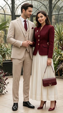Tweed Blazer &amp; Pleated Skirt with Three-Piece Beige Suit — A Couple's Story in Burgundy &amp; Cream