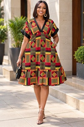 Robe kimono à col V et manches courtes pour femme en kente africain | Robe kimono imprimé kente africain