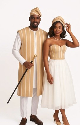 Elegant Couple Traditional Attire – Aso Oke Agbada Set &amp; Strapless Corset Midi Dress