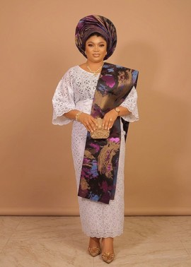 White Swiss Voile Cutout Lace Iro &amp; Buba Set with Metallic Jacquard Gele &amp; Ipele