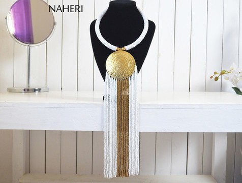 African white fringe necklace | African beaded jewelry | Romantic tribal neck piece | Gift for her