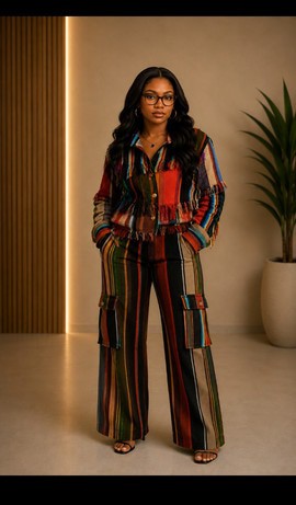 Ensemble deux pièces rayé multicolore en Aso Oke à franges pour femme – veste courte tissée à la main et pantalon à jambes larges