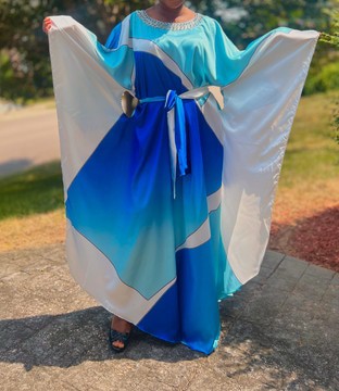 Blue and White Ombré Multicolor Belted Maxi Dress with Cutout Detail
